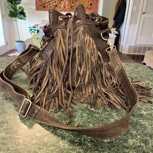 Pelechecoco Brown Leather Fringe Bucket/Crossbody Bag